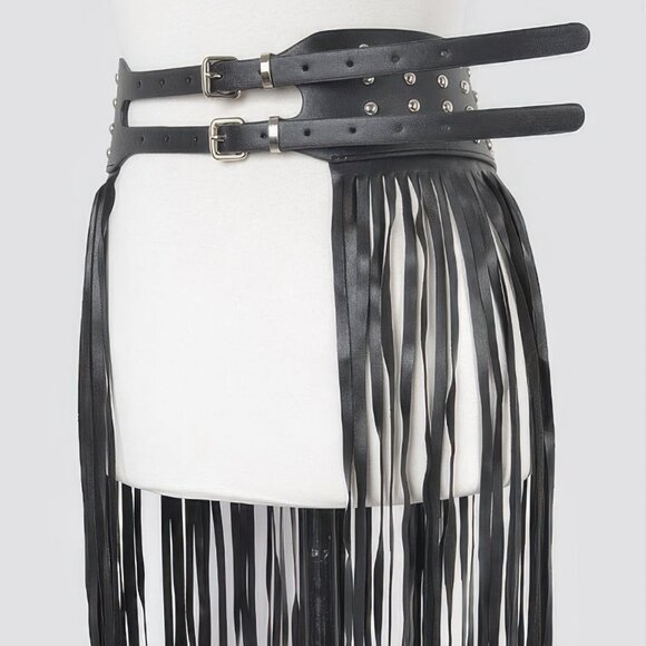 Faux Leather Metal Studded Fringe Belt main image 4